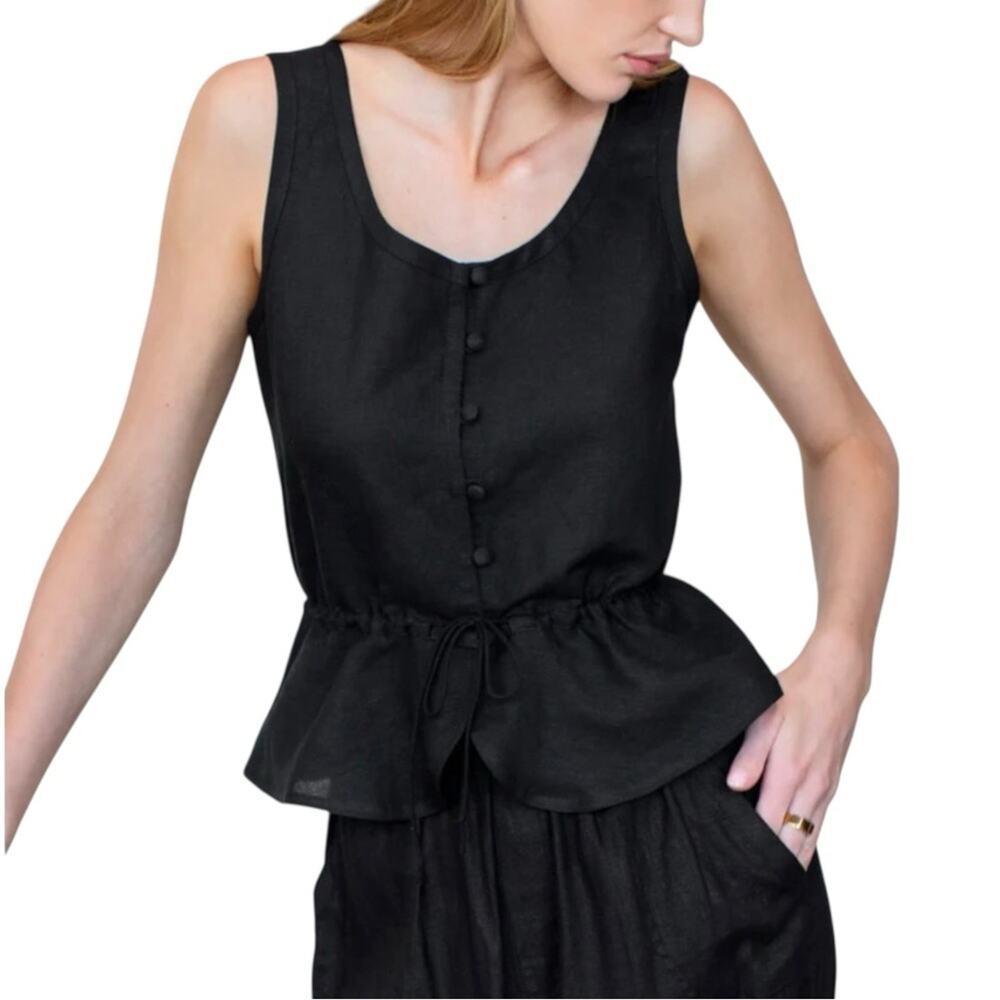 Emerson Fry Love Tomas Studio Peplum Black Linen Blend Sleeveless Top SMALL